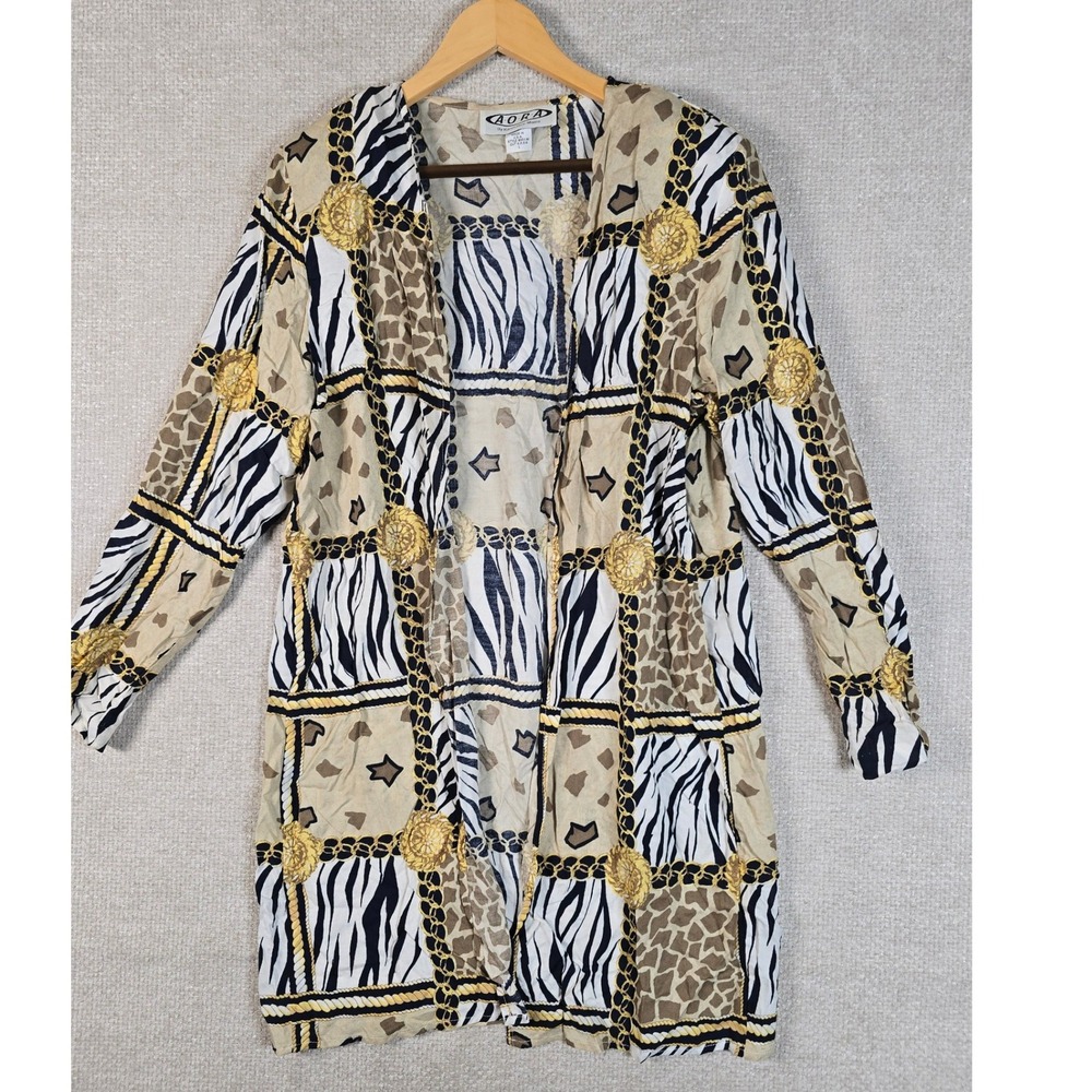 VTG AORA Karen Rice-Moore Open Front Cardigan Long Jacket Animal Chain Print L